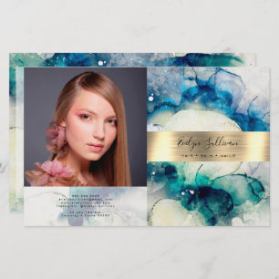 Blue teal watercolor gold foil bifold brochure