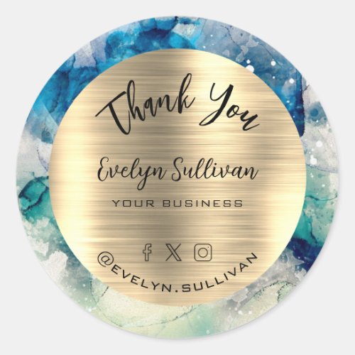 Blue Teal Watercolor Gold Foil Elegant Thank You Classic Round Sticker