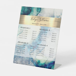 Blue Teal Watercolor Gold Foil Price List Pedestal Sign