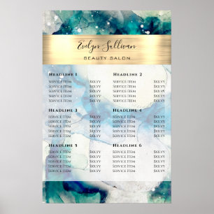 Blue Teal Watercolor Gold Foil Price List Poster