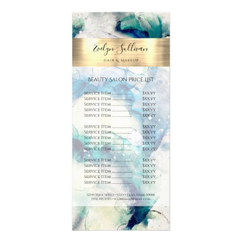 Blue Teal Watercolor Gold Foil Price List Rack Card
