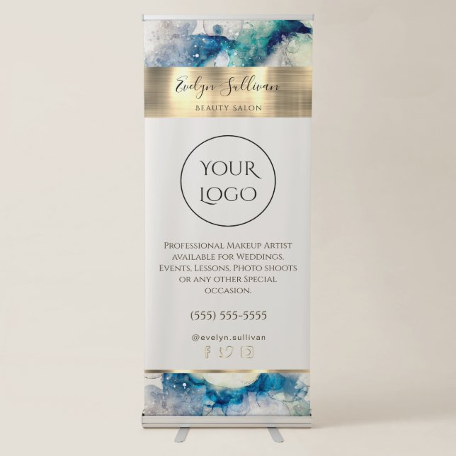 Blue teal watercolor gold foil retractable banner (Front)