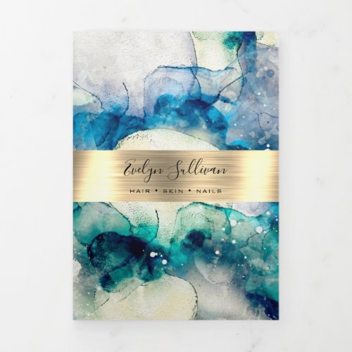 Blue Teal Watercolor Gold Foil Trifold Brochure
