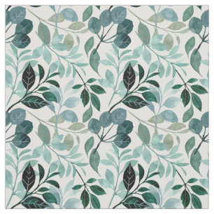 Blue Teal Watercolor Leaves White Fabric