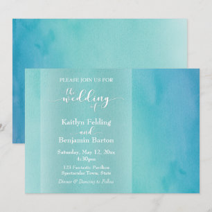 Blue & Teal Watercolor Ombre Horizontal Wedding Invitation