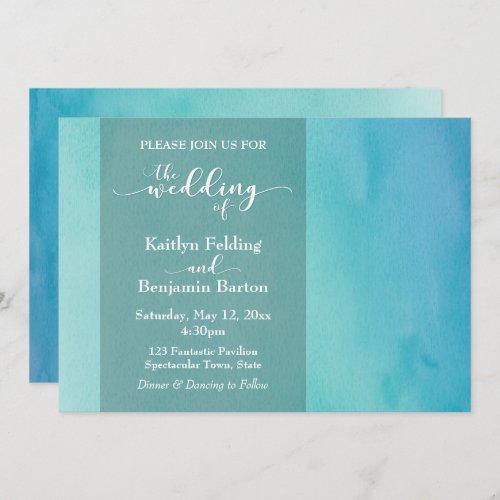 Blue  Teal Watercolor Ombre Horizontal Wedding Invitation