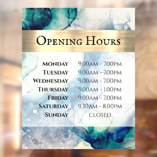 Blue Teal Watercolor Opening Hours Window Cling