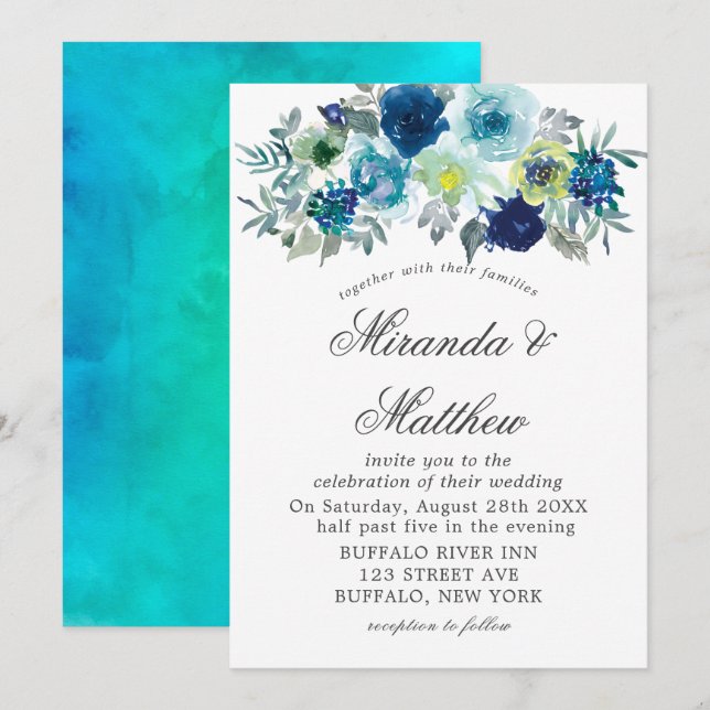 Blue Teal Watercolor Peony Wedding Invitations  (Front/Back)
