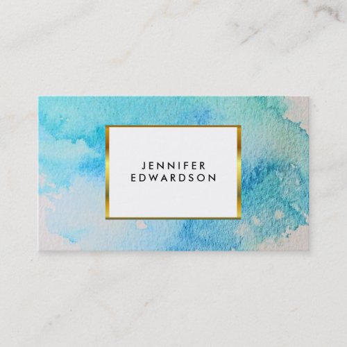 Blue teal watercolor splatter splash gold elegant business card