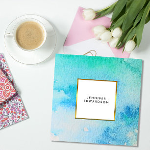 Blue teal watercolor splatter splash gold elegant square business card