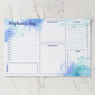 Blue Teal Watercolor Stains Daily Planner Large Paper Pad