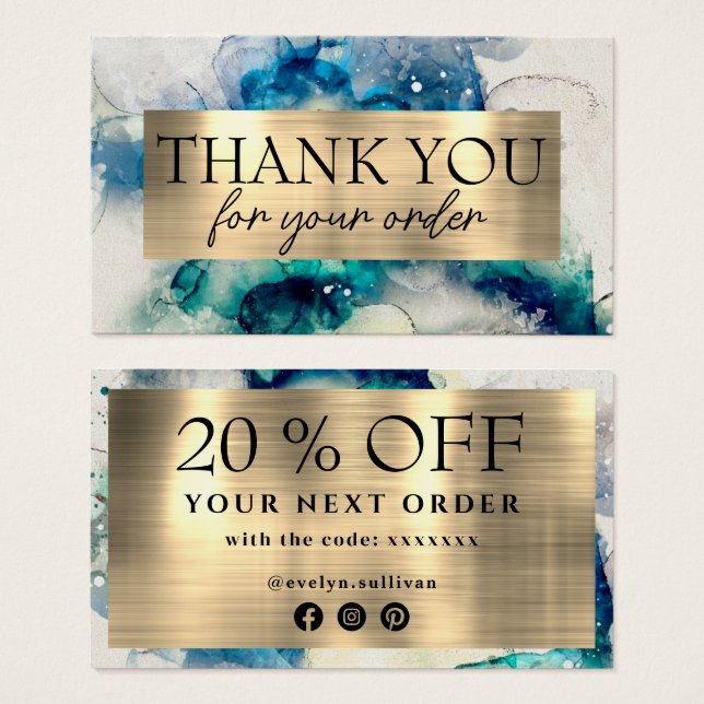 Blue teal watercolor thank you discount card (Front & Back)
