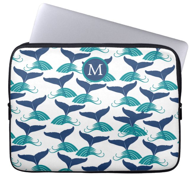 Blue Teal Whale Tails Monogram Laptop Sleeve (Front)