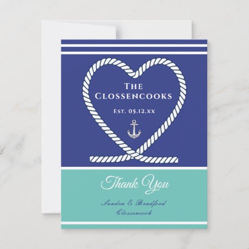Blue teal White Nautical rope Heart Anchor Wedding Thank You Card