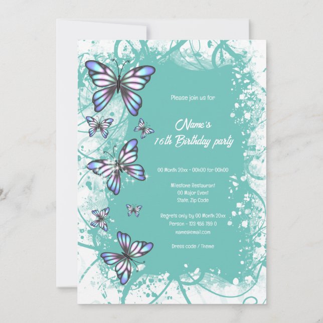 blue teal white watercolor butterfly party  invitation (Back)