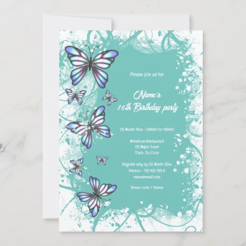 blue teal white watercolor butterfly party  invitation