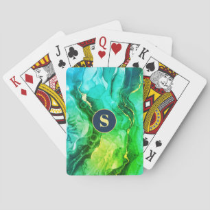 Blue Teal Yel & Dark Green Liquid Ink, Monogram Poker Cards