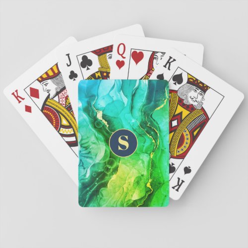 Blue Teal Yel  Dark Green Liquid Ink Monogram Poker Cards