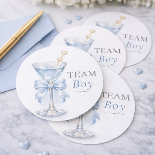 Blue Team Boy Gender Reveal Watercolor Martini Classic Round Sticker