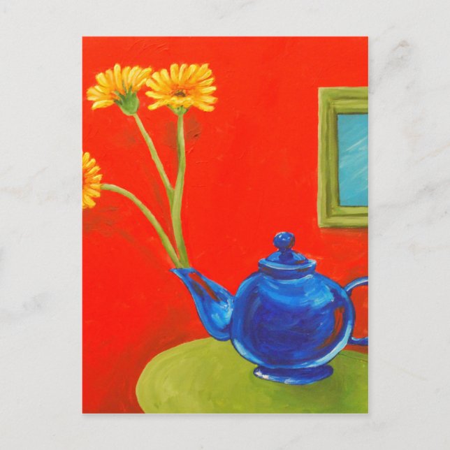 Blue Teapot and Daisies Postcard (Front)