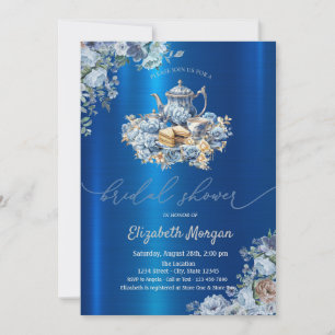 Blue Teapot Floral Blue Metallic Baby Shower Invitation