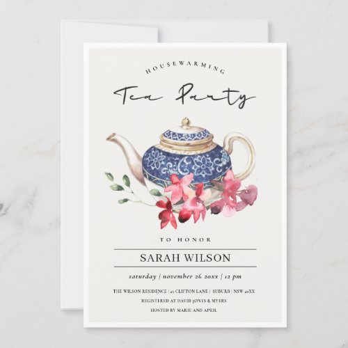 Blue Teapot Floral Housewarming Tea Party Invite