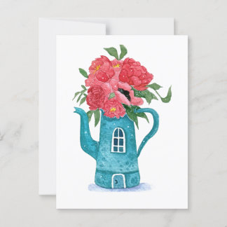 Blue Teapot House with Red Flowers Postcard