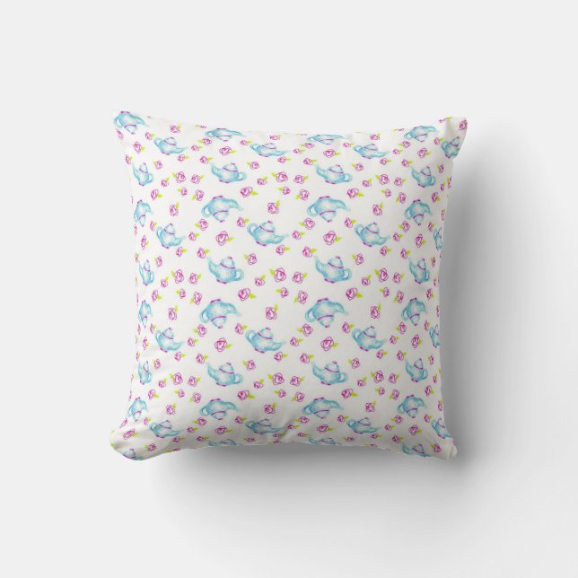 Blue Teapot Pink Rose Flower Art Drawing Pillow (Front)