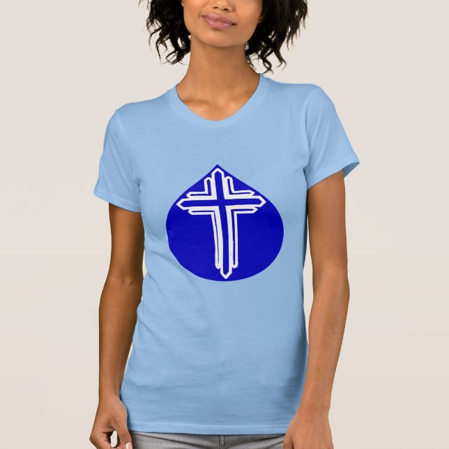 Blue Teardrop White Cross T-Shirt (Front)
