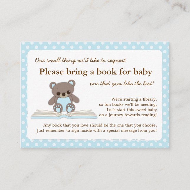 Blue Teddy Baby Shower Book Insert Request Card (Front)