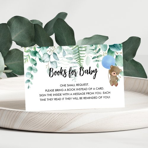 Blue teddy baby shower forest book request enclosure card