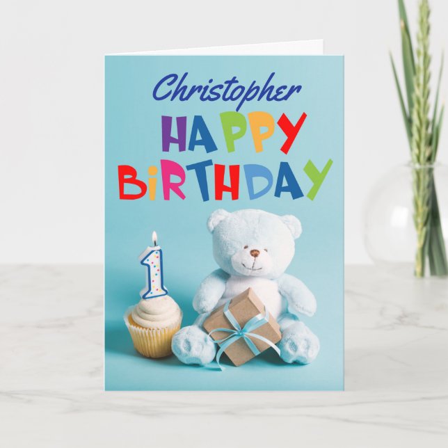 Blue Teddy Bear 1st Birthday Card (Front)