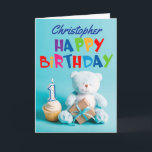 Blue Teddy Bear 1st Birthday Card<br><div class="desc">A special 1st birthday card! This first birthday card features a cute teddy bear, a cupcake and some colorful text. A memorable design for someone who will be one year old. Add the 1st birthday child's name to the front of the card to customize it for the special boy or...</div>