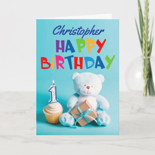 Blue Teddy Bear 1st Birthday Card