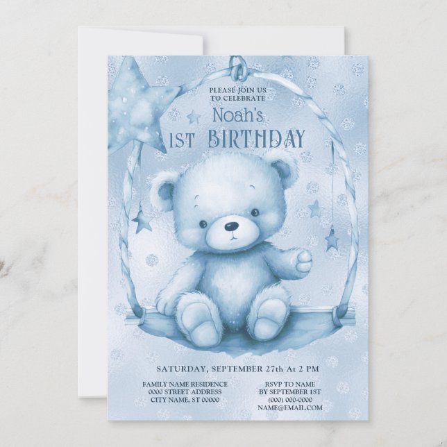 Blue Teddy Bear 1st Birthday Invitation (Front)