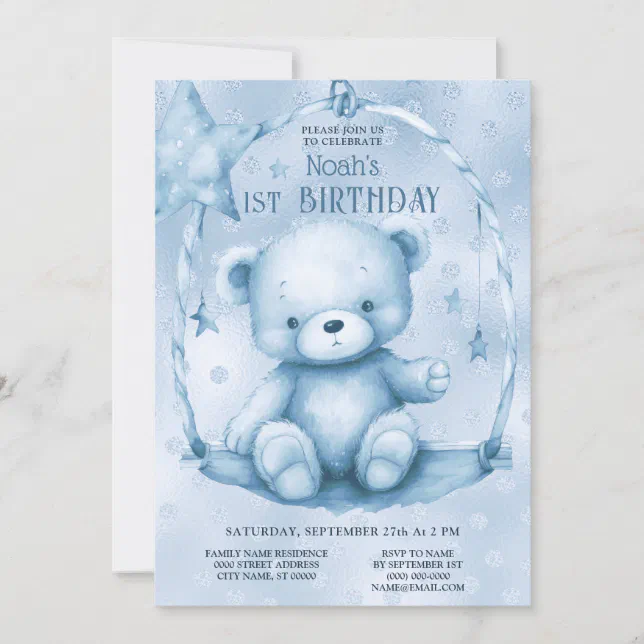 Blue Teddy Bear 1st Birthday Invitation | Zazzle