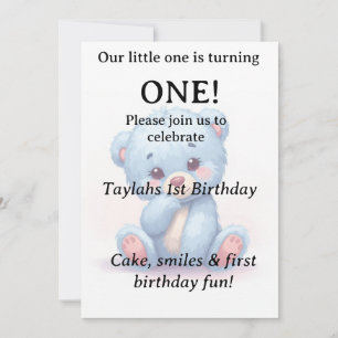 Blue Teddy Bear 1st Birthday Invitation 
