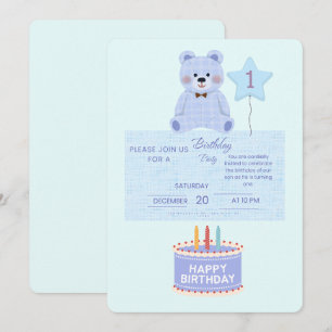 Blue Teddy Bear 1st Birthday Invitation - Customiz
