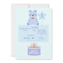 Blue Teddy Bear 1st Birthday Invitation - Customiz