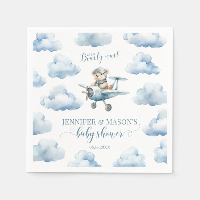 Blue teddy bear airplane baby boy shower napkins (Front)