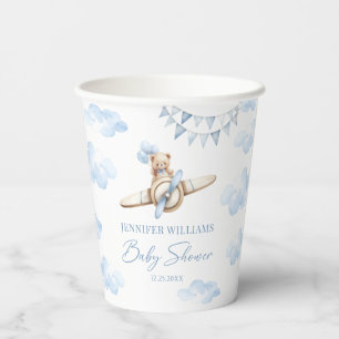 Blue Teddy Bear Airplane Boho Baby Boy Shower Paper Cups
