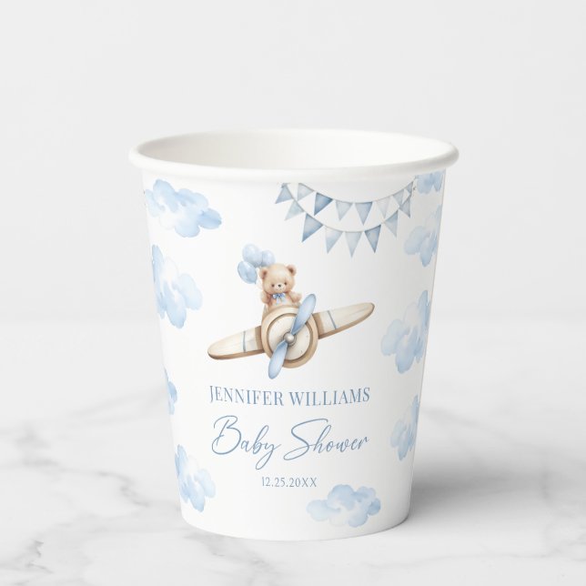 Blue Teddy Bear Airplane Boho Baby Boy Shower Paper Cups (Back)