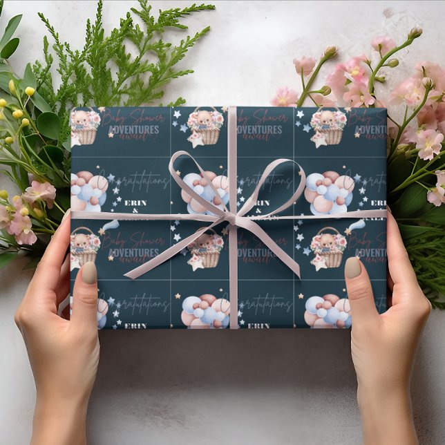 Blue Teddy Bear and Balloon Custom Baby Shower Wrapping Paper (Creator Uploaded)