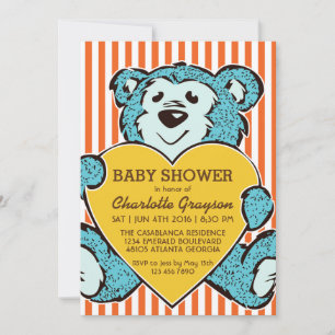 Blue Teddy Bear and Love Baby Shower Invitation