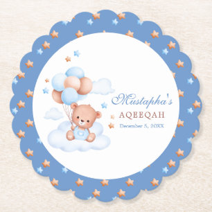 Blue Teddy Bear Aqiqah Coaster Personalized Muslim