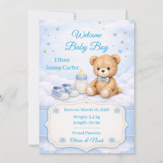 Blue Teddy Bear Baby Boy Birth Announcement Card