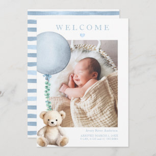 Blue Teddy Bear Baby Boy Photo Birth Announcement