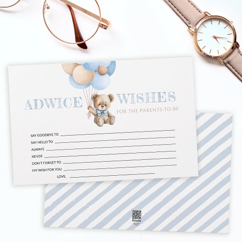 Blue teddy bear baby boy shower advice wish cards