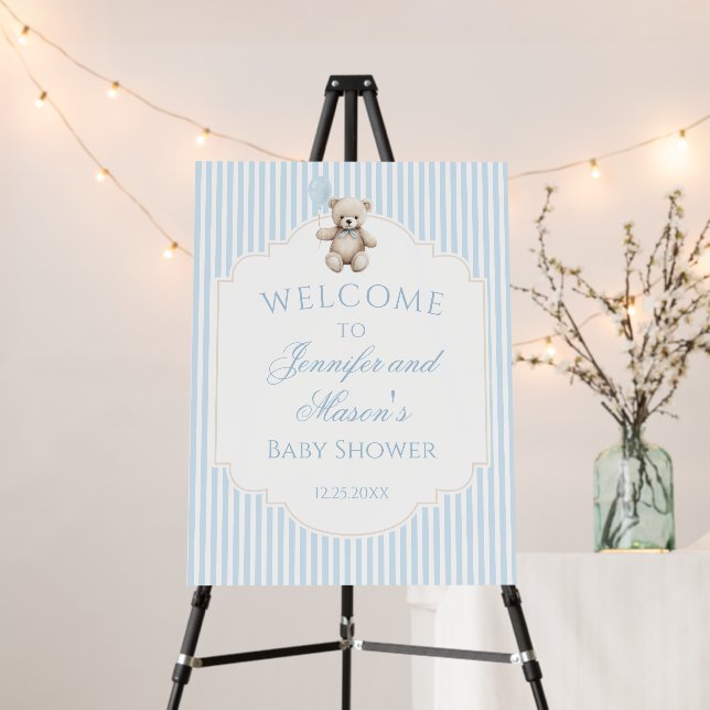 Blue teddy bear baby boy shower welcome sign board (In Situ (Stand))