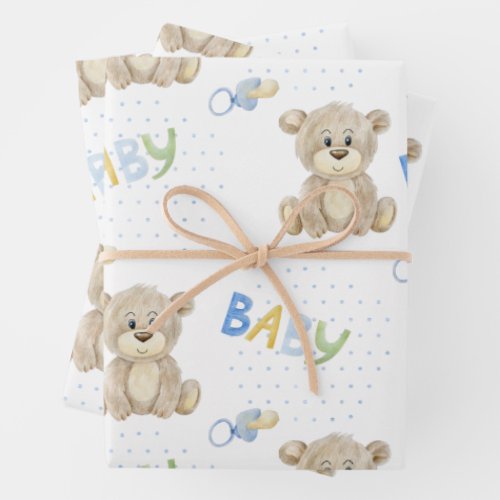 Blue Teddy Bear Baby Boy Watercolor Baby Shower Wrapping Paper Sheets